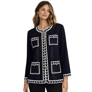 Misook Knit Jacket XL Navy White Trim Gold Buttons Hook Closure Lightweight